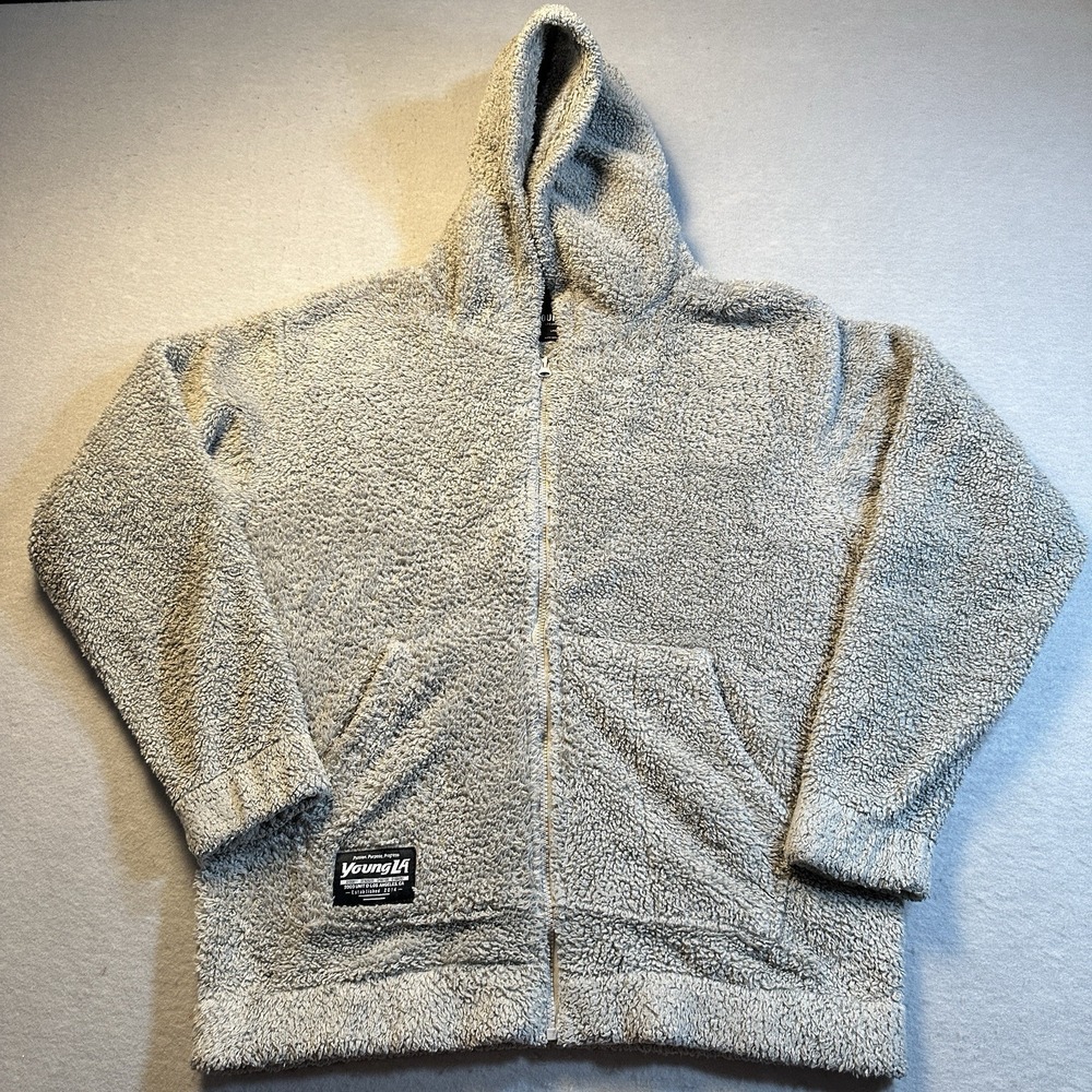YoungLA Gray Teddy Fleece Full Zip Hoodie Sweater Jacket Hooded Mens Large